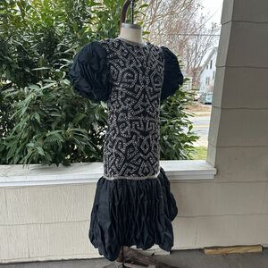 Judith Ann Creations Beaded Silk Dress Black Puff Sleeve Vintage Sm Avant-Garde
